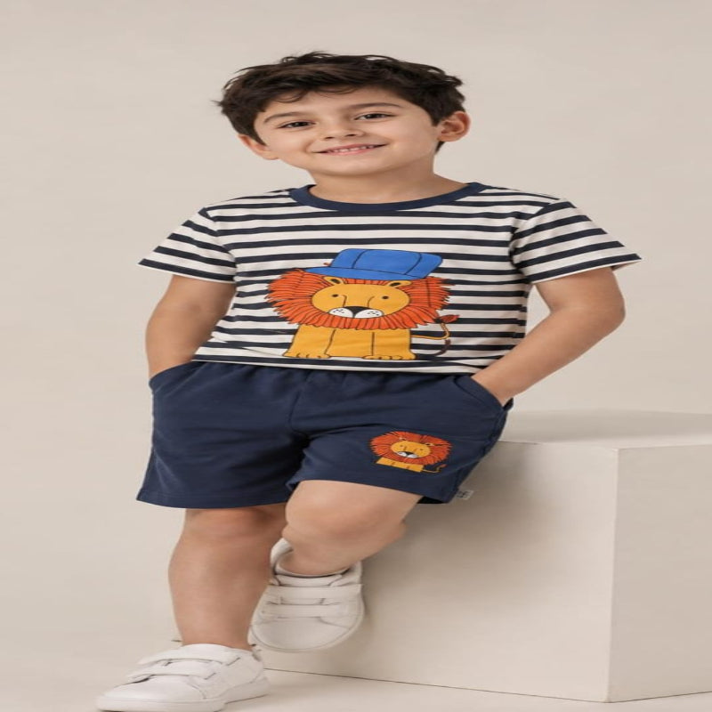 NOVA boys cotton short sleeve T-shirt and shorts set in blue and white for ages 5-12, casual summer clothing for kids.