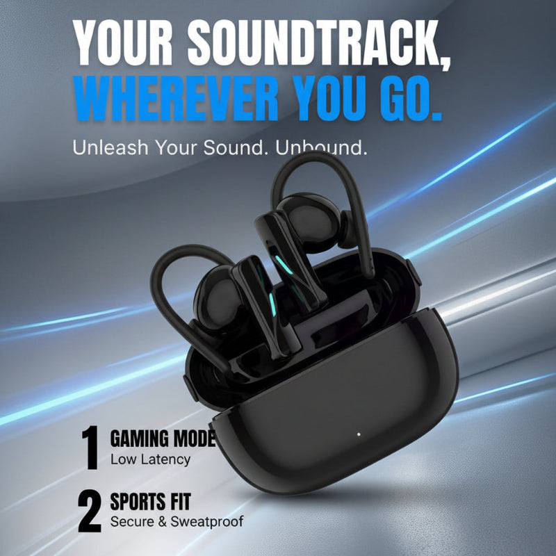 Black wireless earbuds in an open charging case with promotional text on a blue-gray background. The text reads 'YOUR SOUNDTRACK, WHEREVER YOU GO.