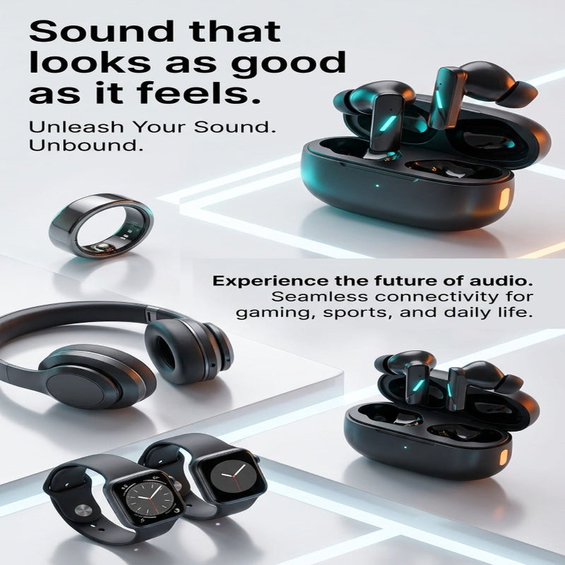 Promotional graphic for wireless earbuds and charging cases, shown alongside headphones, smart rings, and smartwatches on a clean white geometric background with marketing text.