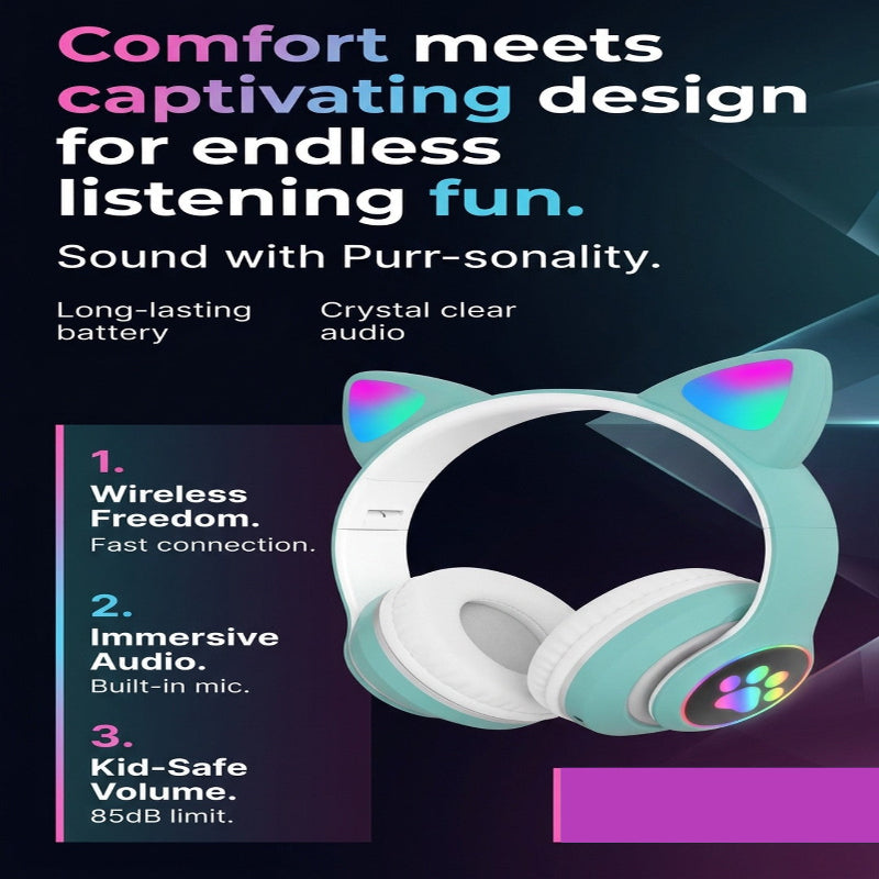 Wireless gaming headset for kids by NOVA with integrated MP3 player, featuring colorful design and comfortable ear cushions.