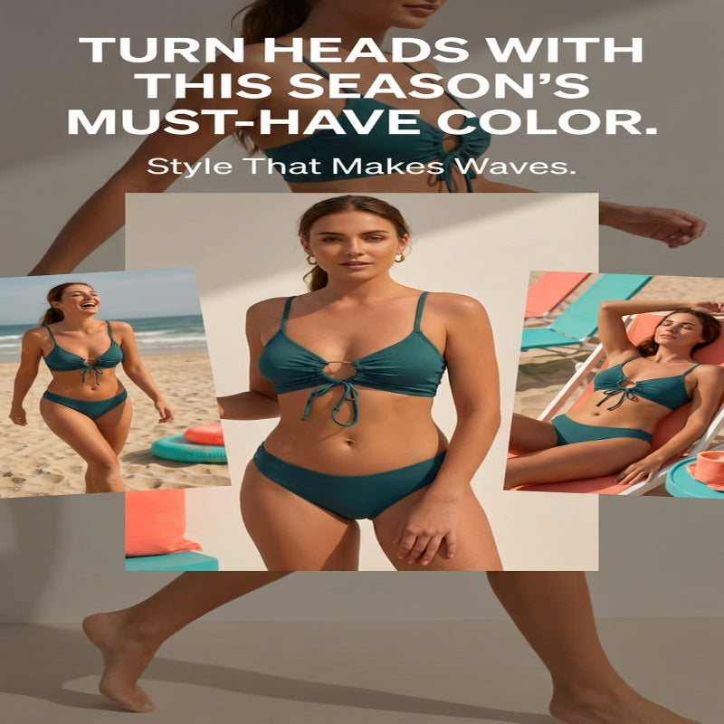 A promotional collage for a teal bikini swimsuit, featuring a large central photo of a woman modeling the bikini on a beach-like set, with smaller inset photos showing the bikini in different poses. Large marketing text at the top reads, 'TURN HEADS WITH THIS SEASON'S MUST-HAVE COLOR.
