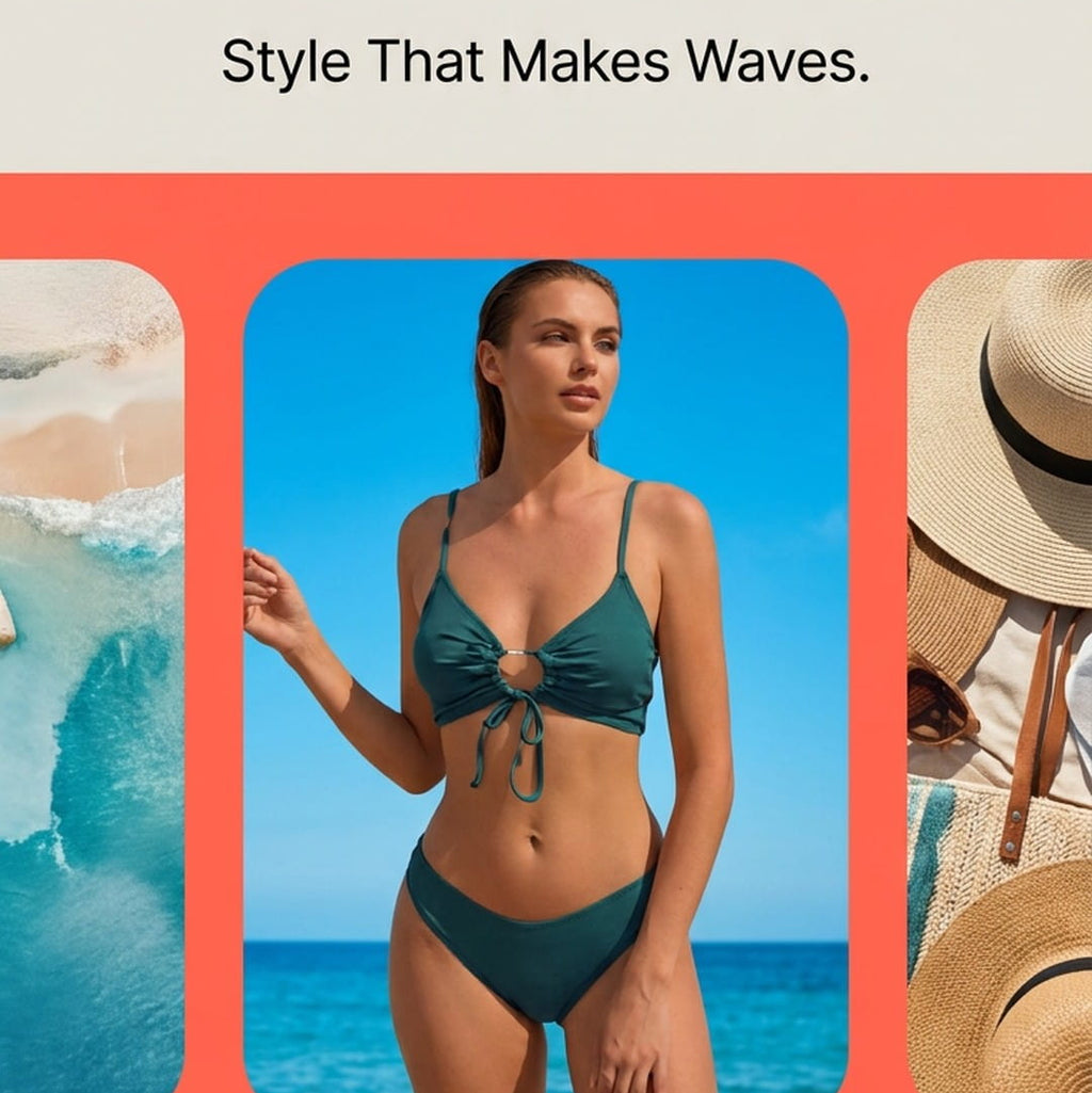A promotional graphic for a two-piece bikini swimsuit. The center panel shows a woman standing on a beach wearing a dark teal-green string bikini.