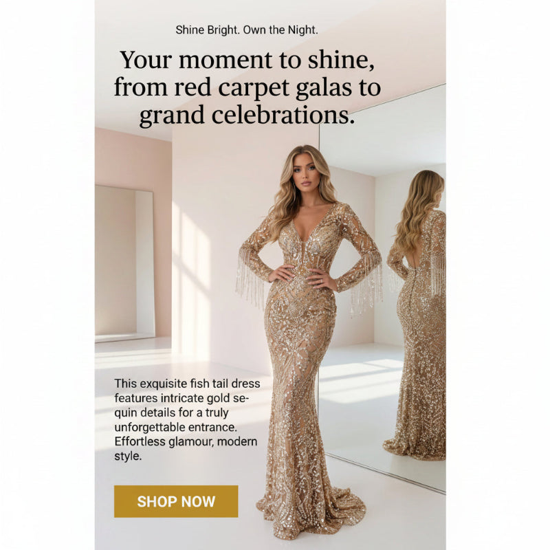 Women Fish Tail Sprinkled Gold Dress