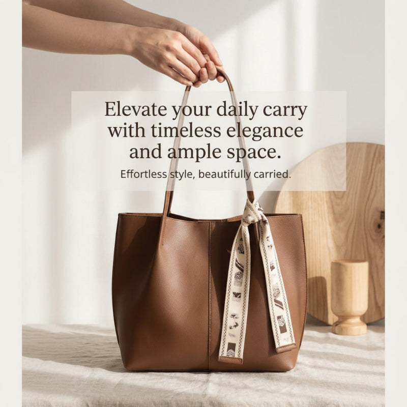 A brown leather tote bag with double top handles and a patterned cream ribbon tied around one handle, held by a person's hands in a softly lit interior setting. Text overlay reads: 'Elevate your daily carry with timeless elegance and ample space.