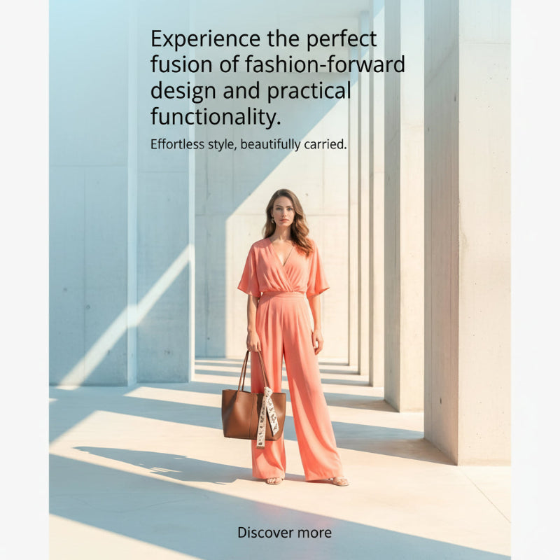 A woman stands in a bright architectural corridor wearing a coral-pink wide-leg jumpsuit and holding a brown tote bag. Large promotional text appears on the left side of the image.