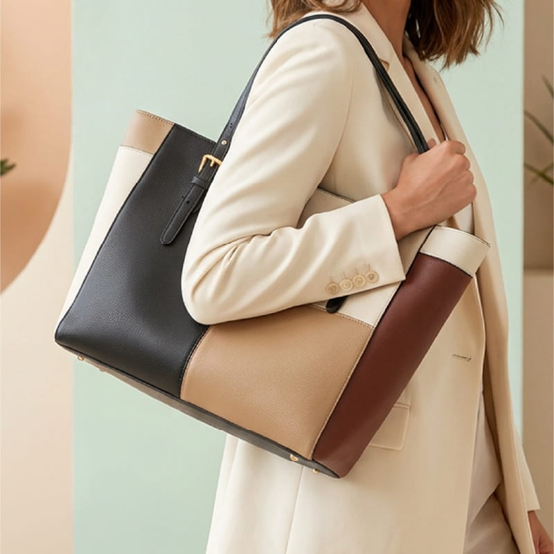 A woman in a cream blazer carries a large color-block leather tote bag with black, beige, and brown panels, shown from the side against a soft pastel background.