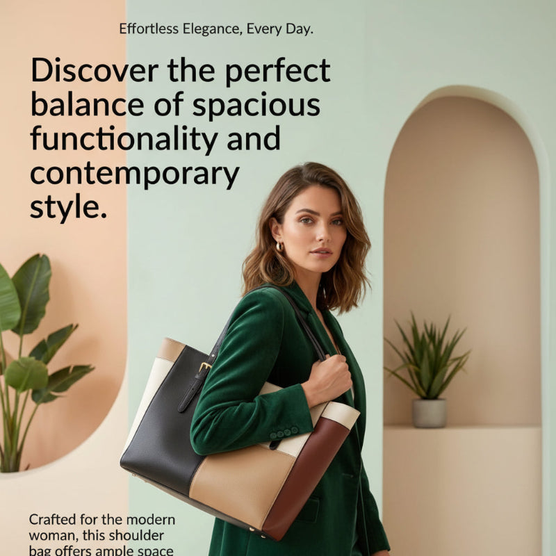 A woman in a cream blazer and pants carries a large color-block shoulder bag with black, beige, and brown panels in a styled indoor setting. Large promotional text appears on the left, with a 'SHOP NOW' button at the bottom.