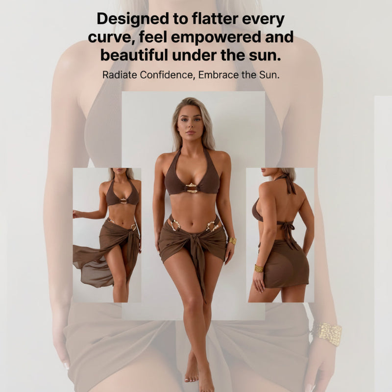 A woman modeling a brown bikini-style wrap set with gold-tone hardware, shown in a collage layout with front, side, and back views. Large text at the top reads, 'Designed to flatter every curve, feel empowered and beautiful under the sun.