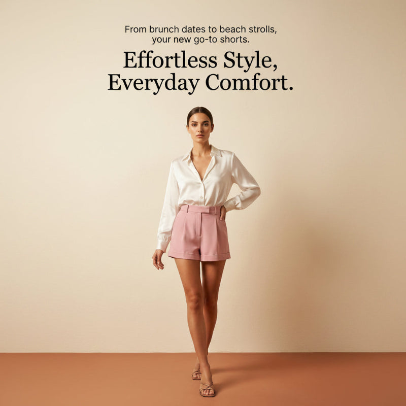 A model stands in a studio wearing a white long-sleeve button-up shirt and light pink high-waisted shorts with a matching belt. The image has a warm beige background with text at the top reading, 'From brunch dates to beach strolls, your new go-to shorts.