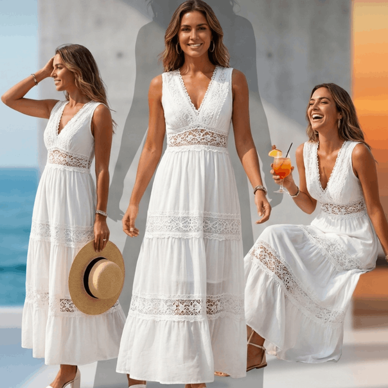 Women wearing a navy blue lace V-neck dress by NOVA, showcasing a stylish summer dress with delicate lace details.