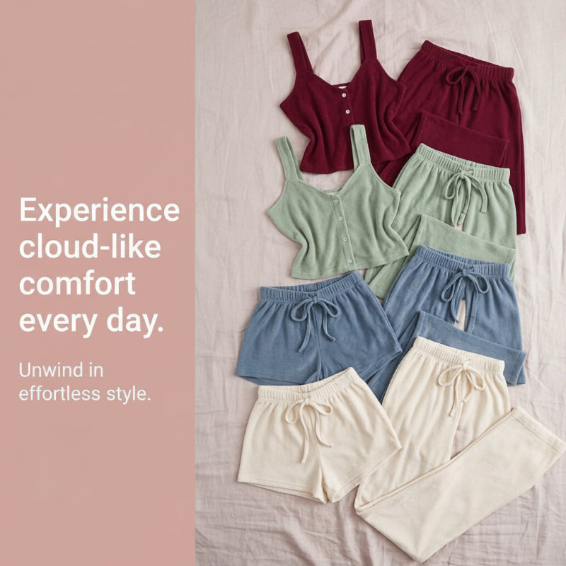 A styled flat lay of ribbed knit loungewear sets in multiple colors, including burgundy, sage green, dusty blue, and cream, arranged on a white textured fabric next to a dusty pink panel with white promotional text.