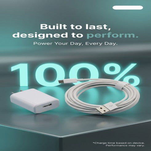 USB cable and adapter with '100%' display on a teal background, featuring text about reliability and performance.