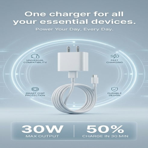White charging cable and adapter with features on a light blue background