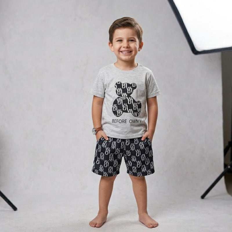 NOVA mixed cartoon set for boys featuring colorful bear and animal designs on soft fabric clothing.