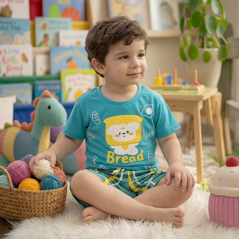 NOVA mixed cartoon set for boys featuring colorful cartoon bread characters on a blue background.
