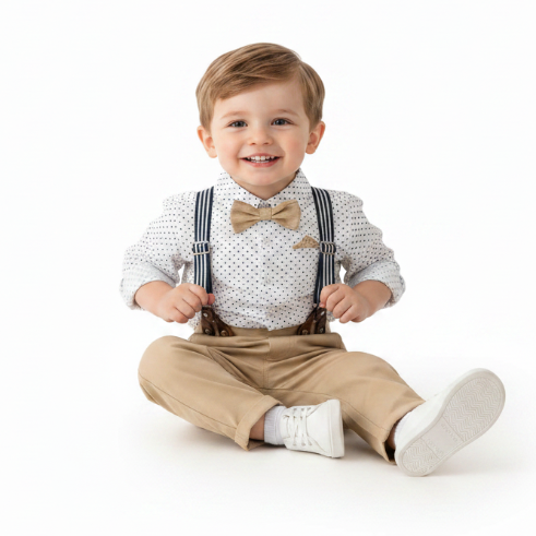 Child wearing suspenders and a bow tie on a white background