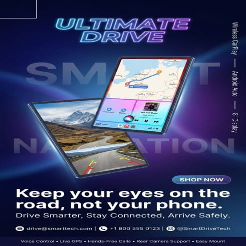 Advertisement for Smart Drive technology with two tablets displaying maps and road views on a dark blue background.