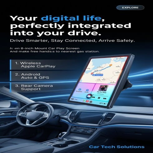 Car dashboard with a mounted touchscreen displaying navigation, surrounded by car interior elements.