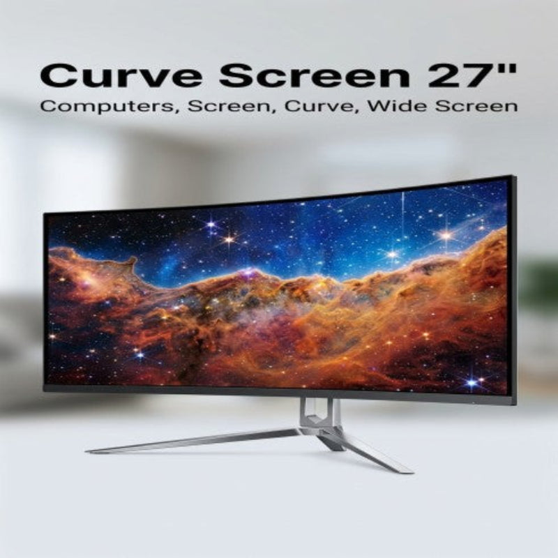 27-inch curved screen monitor displaying a space nebula on a white background with text.