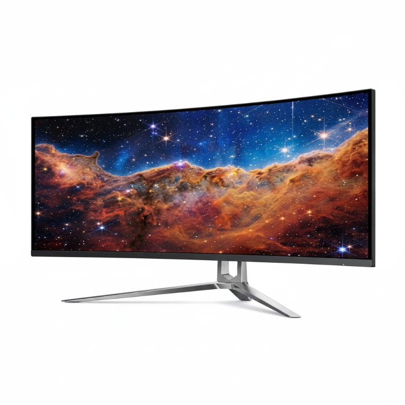 Curved monitor displaying a space nebula on a white background
