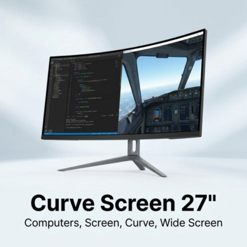 27-inch curved screen monitor displaying dual screens on a light gray background