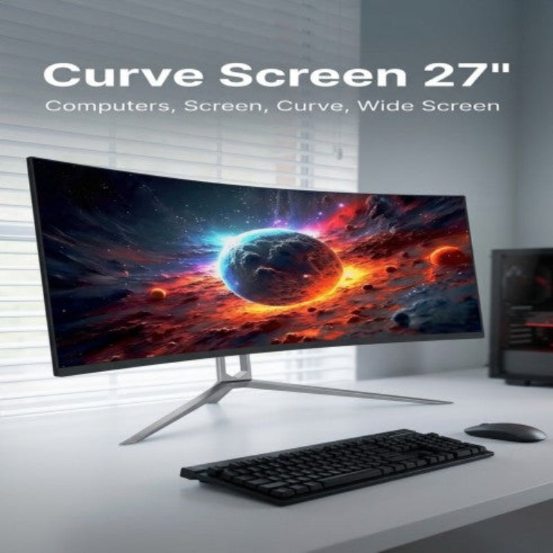 27-inch curved computer monitor on a desk with keyboard and mouse, featuring a space-themed display.