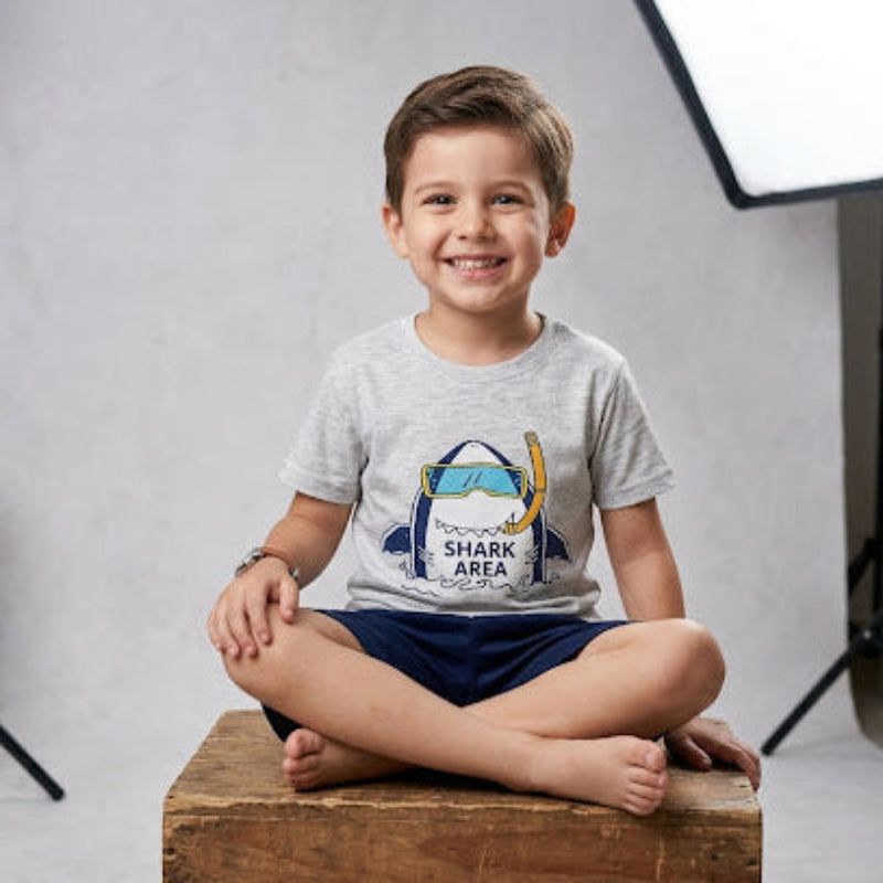 NOVA mixed cartoon set for boys featuring grey shark character, colorful and playful design suitable for children's clothing or accessories.