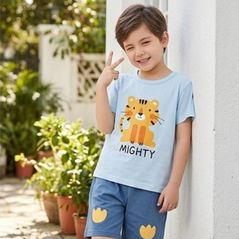Light blue boys' cotton short sleeve T-shirt and shorts set by NOVA for ages 5-12, with a casual, comfortable fit.
