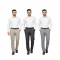 Three instances of a man wearing a white shirt and different colored pants on a white background