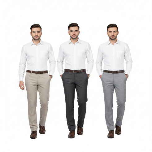 Three instances of a man wearing a white shirt and different colored pants on a white background