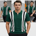 Man wearing a green and white striped polo shirt with additional images of the shirt.