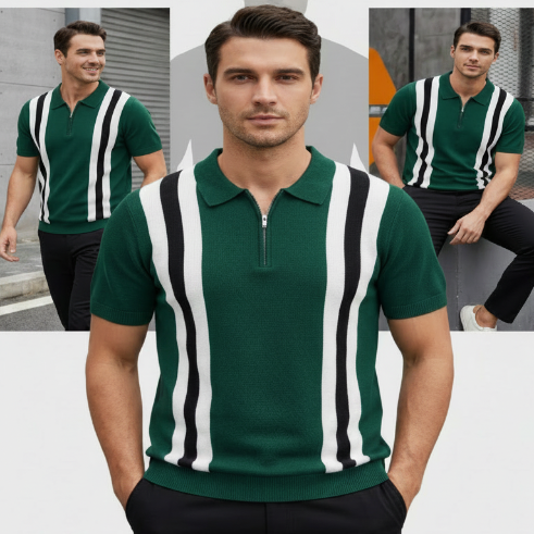Man wearing a green and white striped polo shirt with additional images of the shirt.
