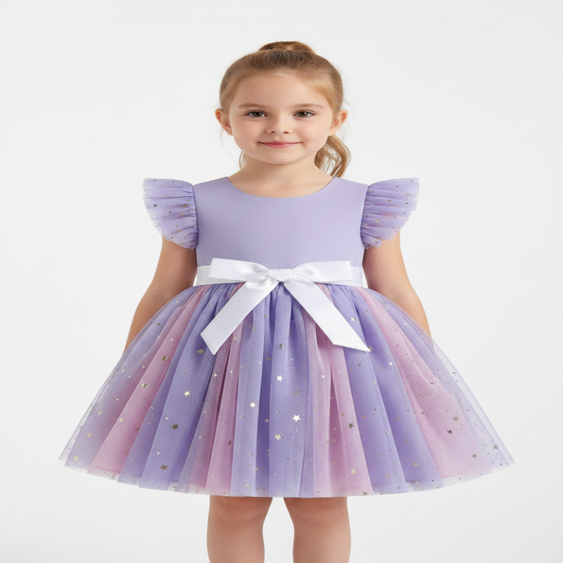 Elegant princess girl dress by NOVA for birthday parties, featuring a flowing pink fabric with intricate details and a tiara accessory.