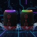 NOVA Bluetooth dual pair speaker with MP3 player function, showing the speaker with control buttons and connected devices.