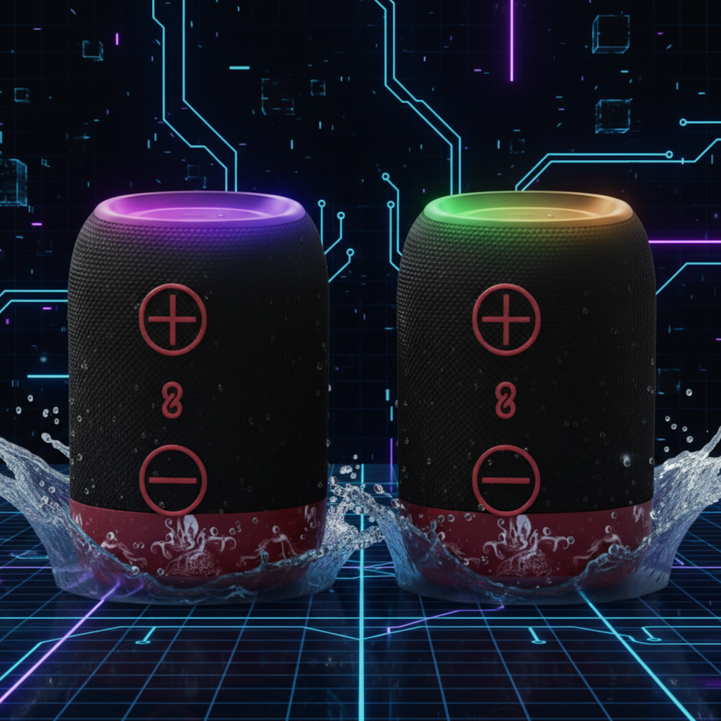 NOVA Bluetooth dual pair speaker with MP3 player function, showing the speaker with control buttons and connected devices.