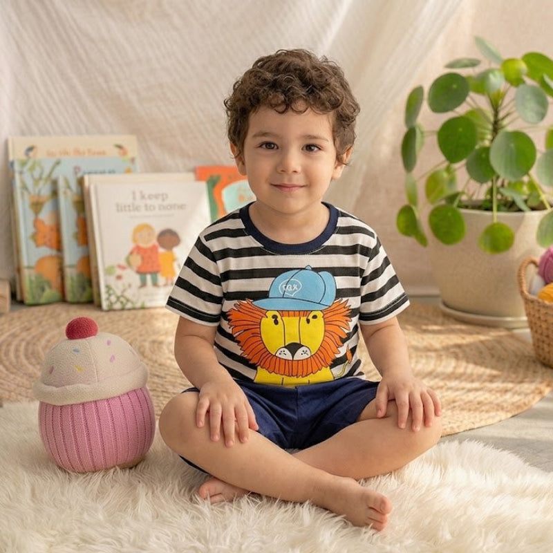 NOVA mixed cartoon set for boys featuring colorful striped designs on fabric with playful cartoon patterns.