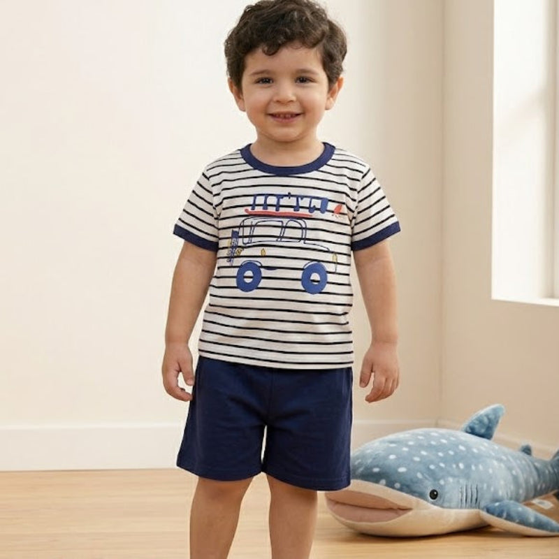 NOVA mixed cartoon set for boys featuring striped navy and colorful cartoon patterns on soft fabric.