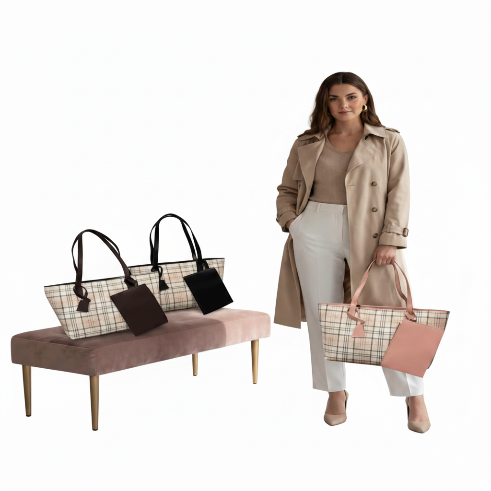 Woman holding a plaid tote bag next to a bench with additional bags on it, all against a white background.