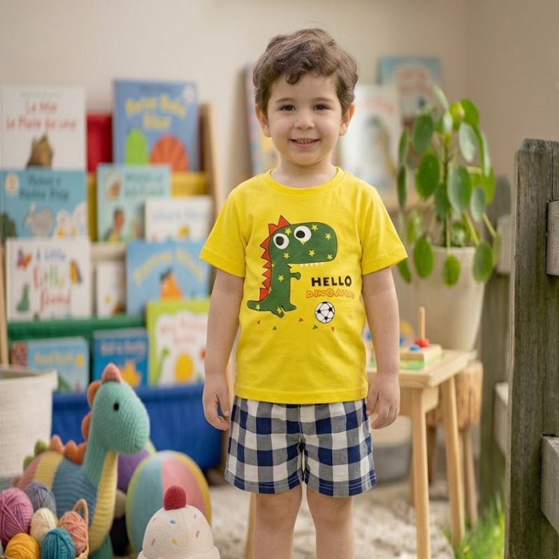 NOVA mixed cartoon set boys featuring a yellow dinosaur plush toy with colorful cartoon characters on a white background